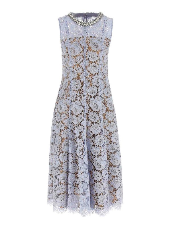 Self Portrait: abiti lunghi - Abito midi perla in pizzo blu fine