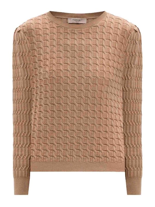 TWINSET: Strickpullover mit Rundhalsausschnitt - Rundhalspullover - Braun