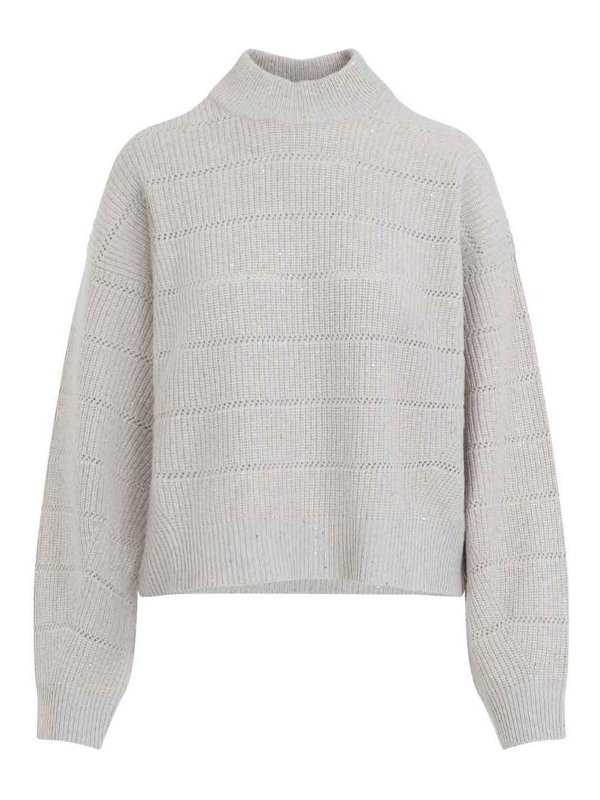 BRUNELLO CUCINELLI: Turtlenecks & Polo necks - Mock Neck Lana Cashmire Stripe Pullover