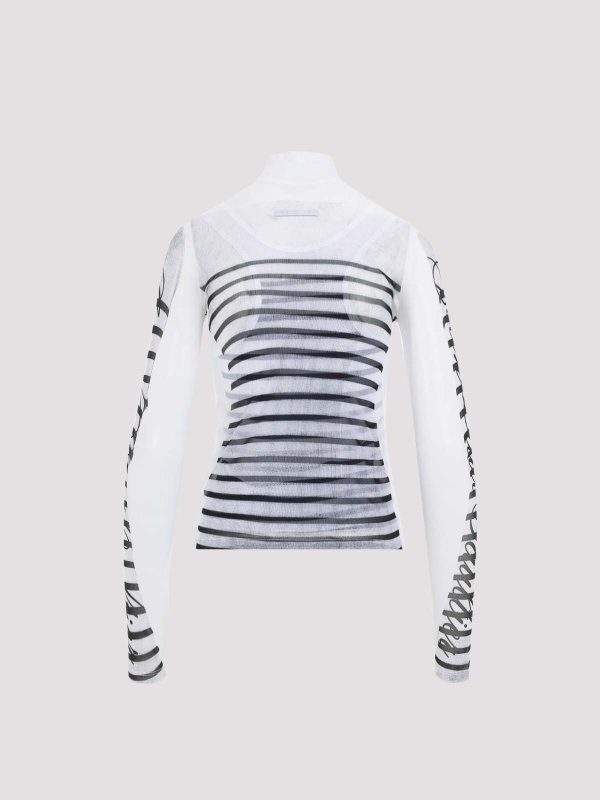 JEAN PAUL GAULTIER: Tops & Tank tops online - Spandex Mesh Printed Feathers Mariniere Top