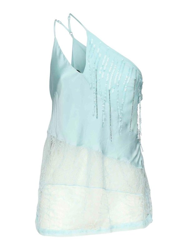 Pinko: Tops & Tank tops - One-Shoulder Satin Top With Lace And Sequins