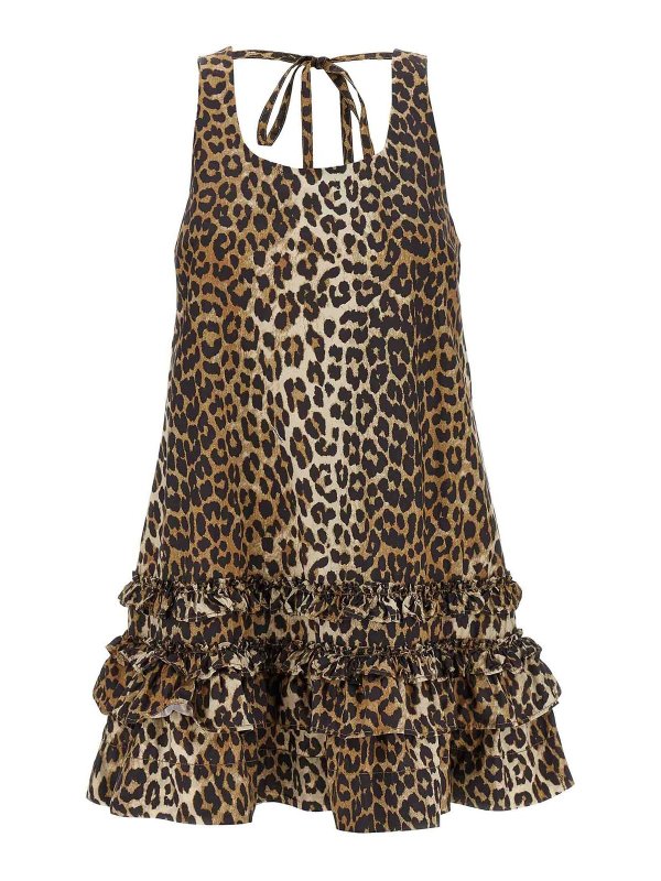 GANNI: short dresses - Leopard Cotton Poplin Mini Dress
