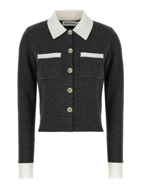 Self Portrait: cardigan - Cardigan con colletto a contrasto grigio