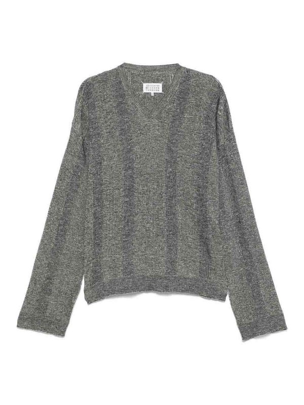 Maison Margiela: crew necks - V-Neck Skintwear In Grey Linen And Cotton