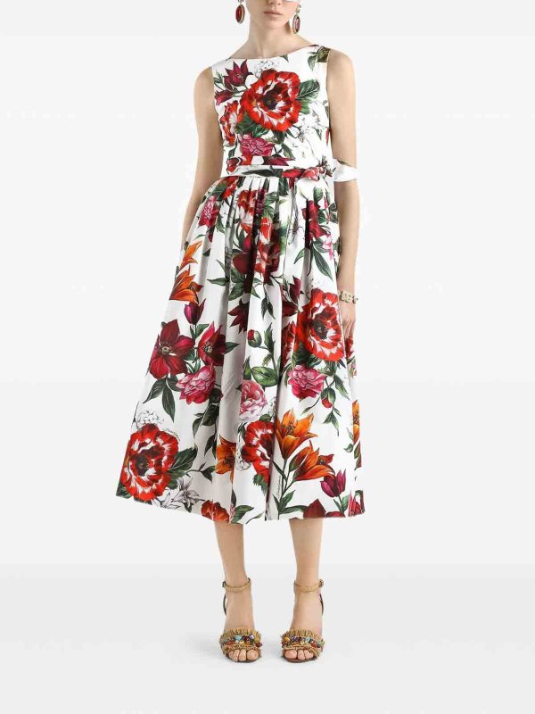 The Best Shops DOLCE & GABBANA: knee length dresses - Cotton Midi Dress With Floral Print