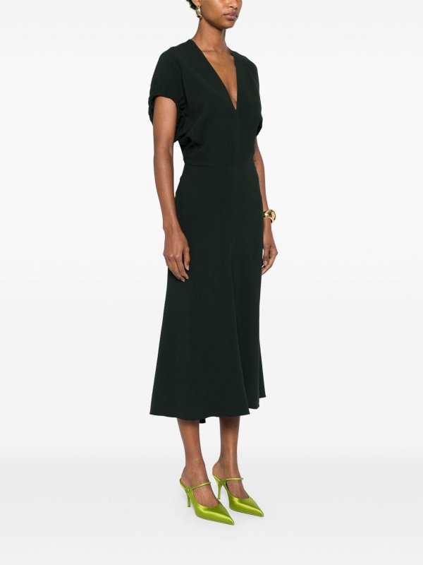 Dark Green V-Neck Midi Dress shop online: VICTORIA BECKHAM