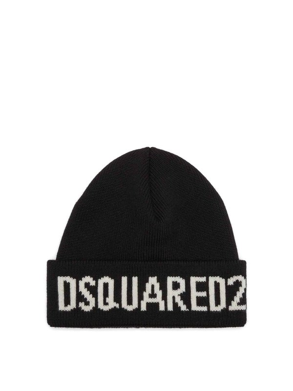 DSQUARED2: hats & caps - Black Wool Knitted Hat