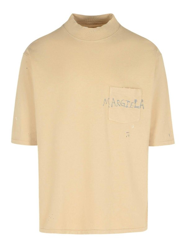 Maison Margiela: t-shirts - Beige Cotton T-Shirt