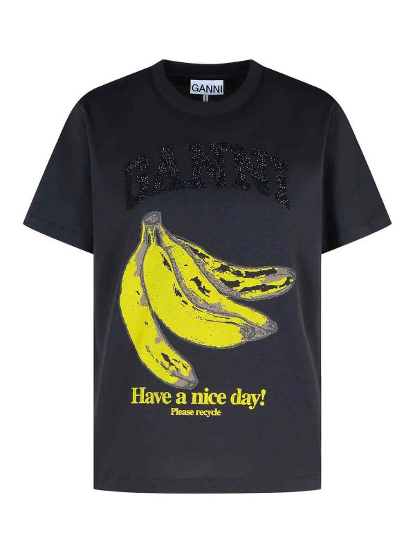 GANNI: t-shirts - Black Cotton Banana Graphic T-Shirt