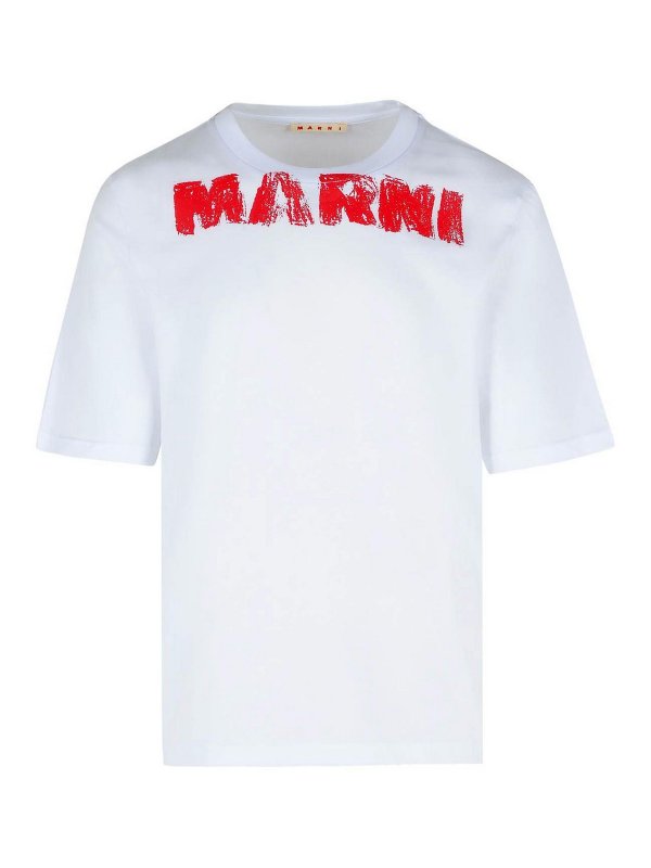Marni: t-shirts - White Cotton T-Shirt With Maxi  Print