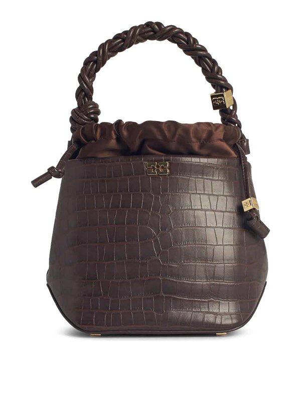 GANNI: cross body bags - Bou Bucket Bag In Brown Leather Blend