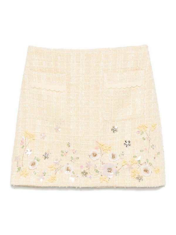 ELISABETTA FRANCHI: minigonne - Minigonna di tweed con ricamo floreale