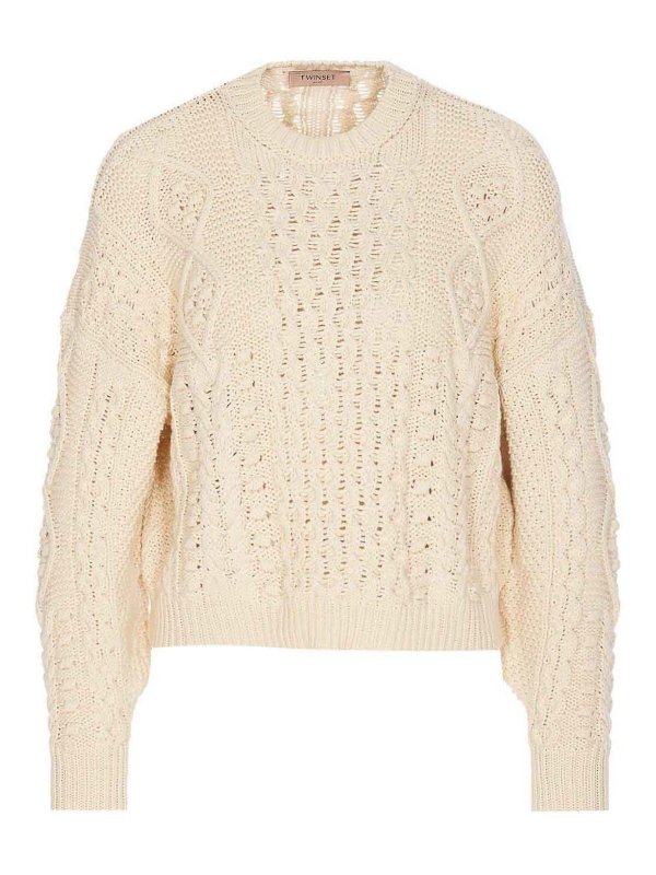 TWINSET: Escotes barcos - Suéter Con Escote Barco - Beis