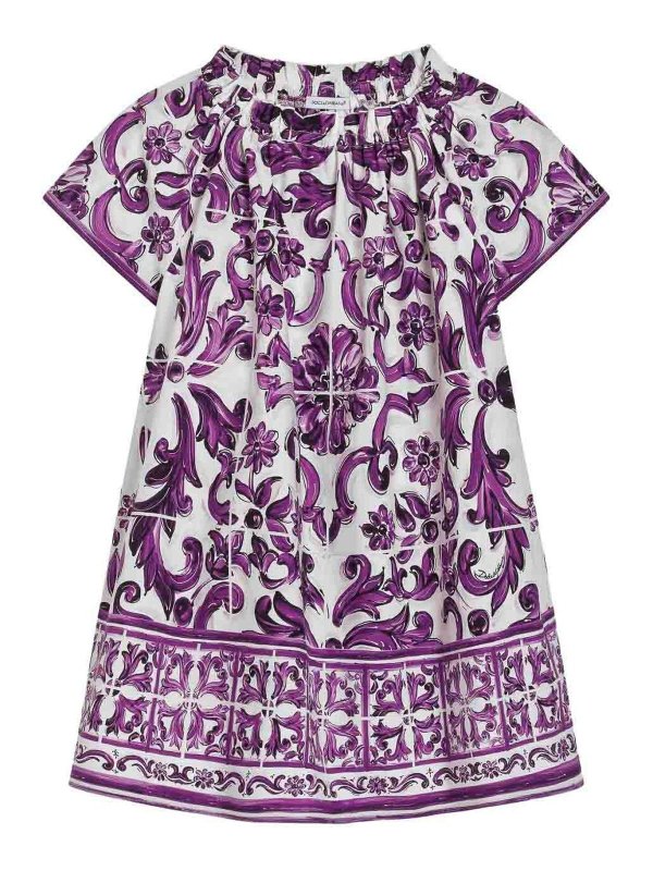 Dolce & Gabbana Jr: short dresses - Majolica-Print Short-Sleeved Poplin Dress