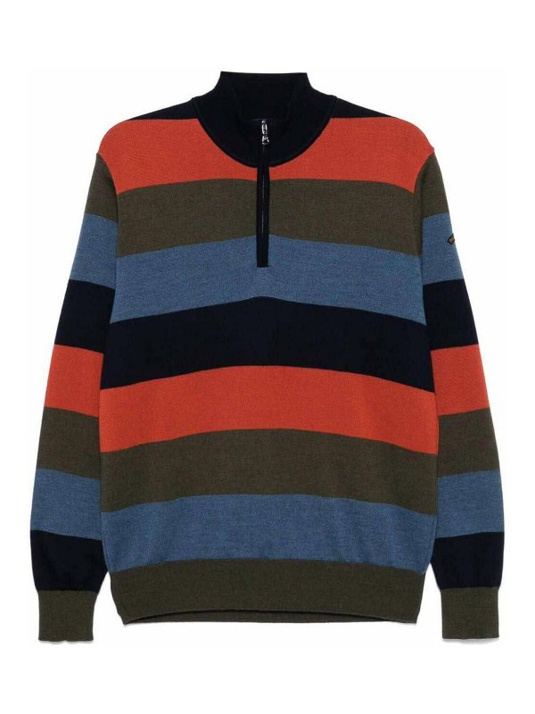 PAUL & SHARK: crew necks - Striped Half Zip Wool Sweater