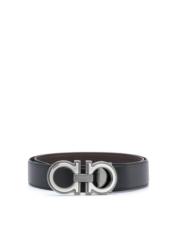 FERRAGAMO: belts - Grained Leather Reversible Gancini Belt