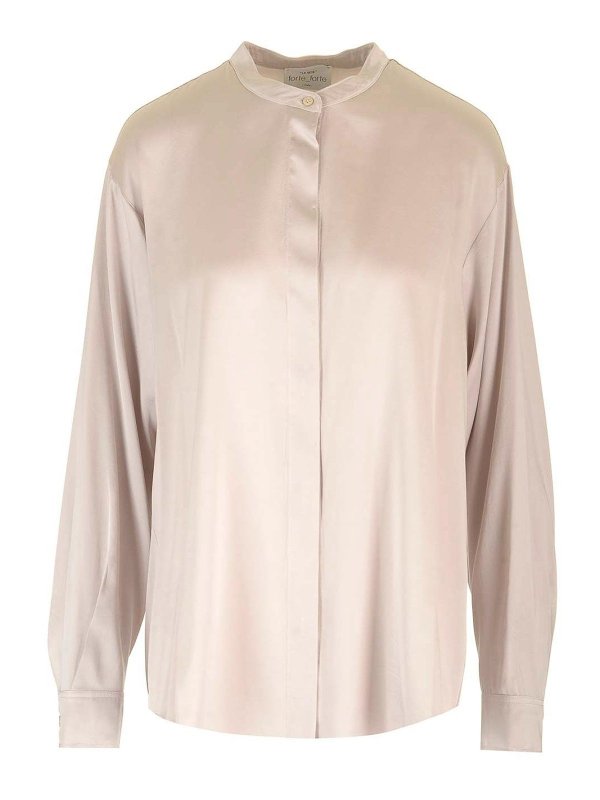 FORTE FORTE: shirts - Stretch Heavy Satin Silk Collar Shirt Perla
