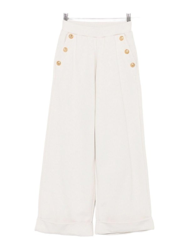 Balmain: casual trousers - Cream Cotton Trousers With Gold Buttons