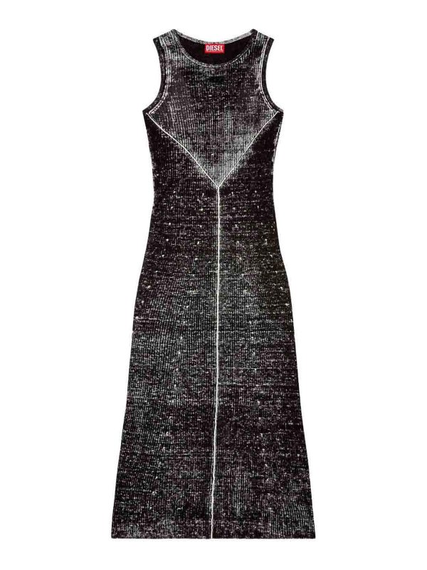 DIESEL: knee length dresses - Midi Dress Made Of Black Linen Yarn