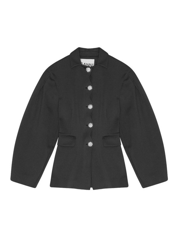 GANNI: blazers - Structured Black Blazer With Jewel Buttons