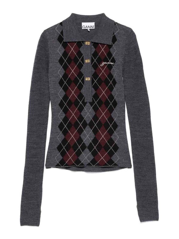 GANNI: polo shirts - Anthracite Grey Long-Sleeve Polo Shirt