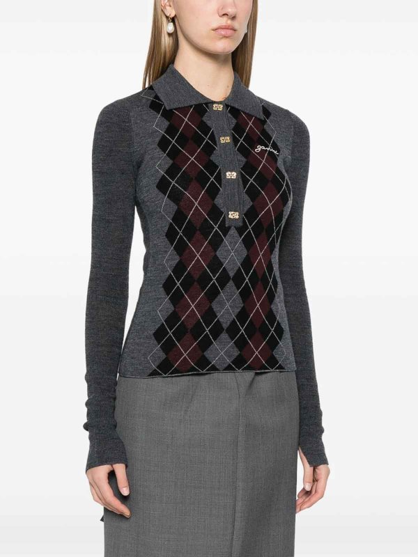 The Best Shops GANNI: polo shirts - Anthracite Grey Long-Sleeve Polo Shirt