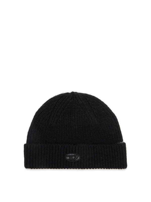 DIESEL: berretti - Cuffia nera a coste con logo