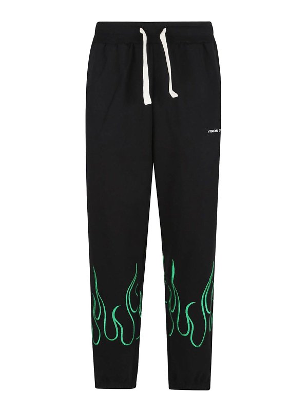 VISION OF SUPER: casual trousers - Black Pants With Embroidered Green Flames