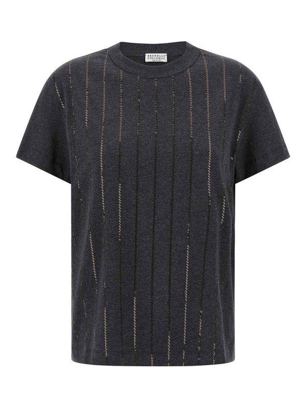 BRUNELLO CUCINELLI: t-shirts - Dazzling Chalk Stripe Embroidery T-Shirt