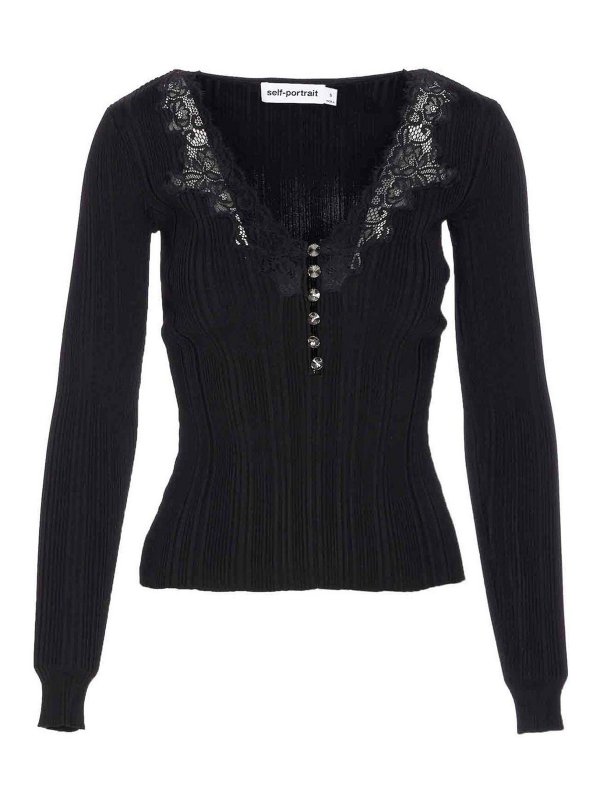 Self Portrait: Tops & Tank tops - Blacklace Trim Knit Top