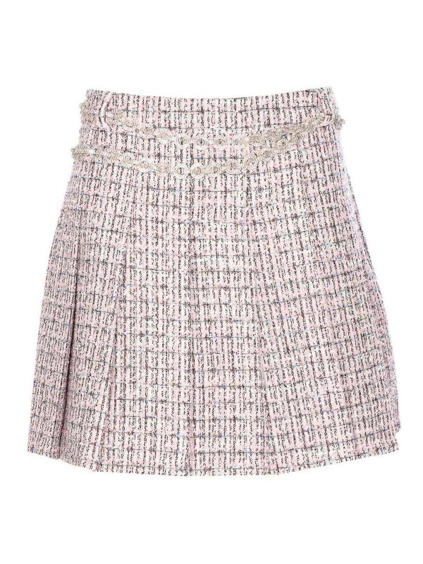 Self Portrait: Knee length skirts & Midi - Pink Boucle Crystal Belt Mini Skirt