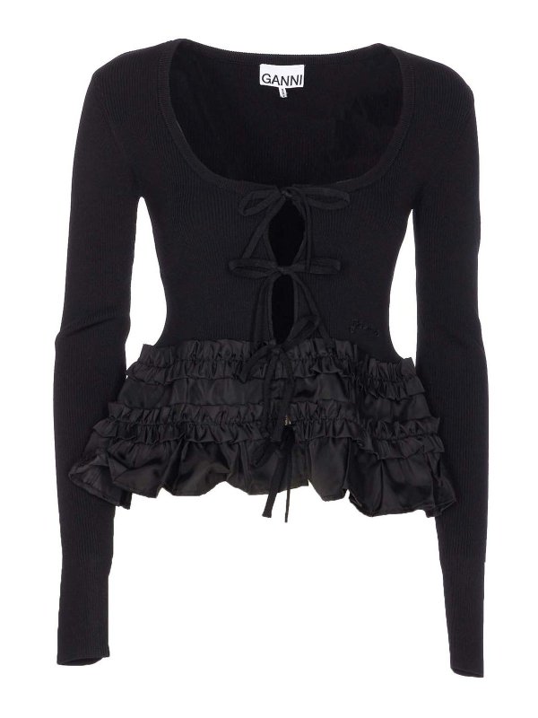 GANNI: cardigans - Black Melange Rib Knit Cardigan