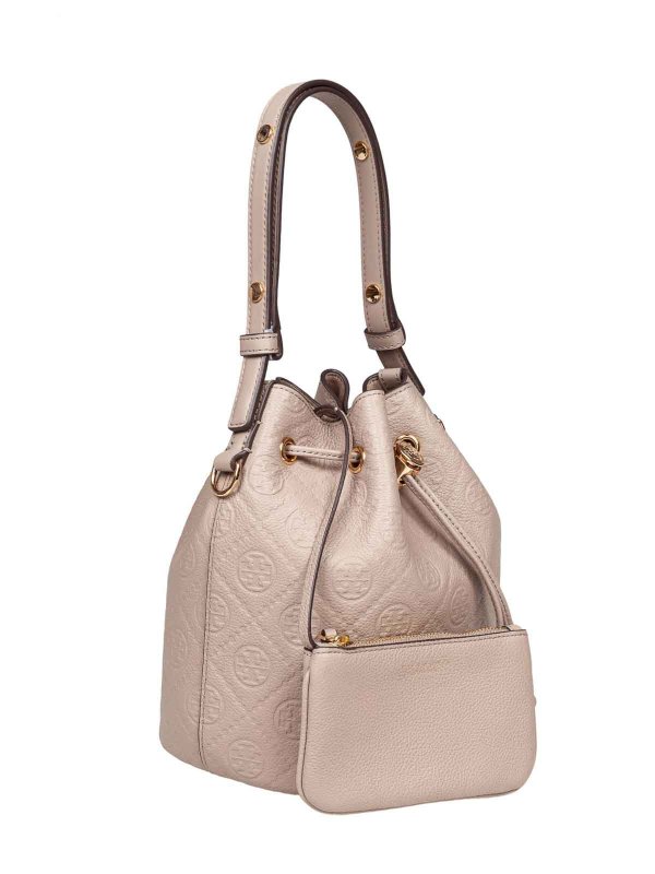 MONOGRAM leather bucket bag clay color shop online: TORY BURCH