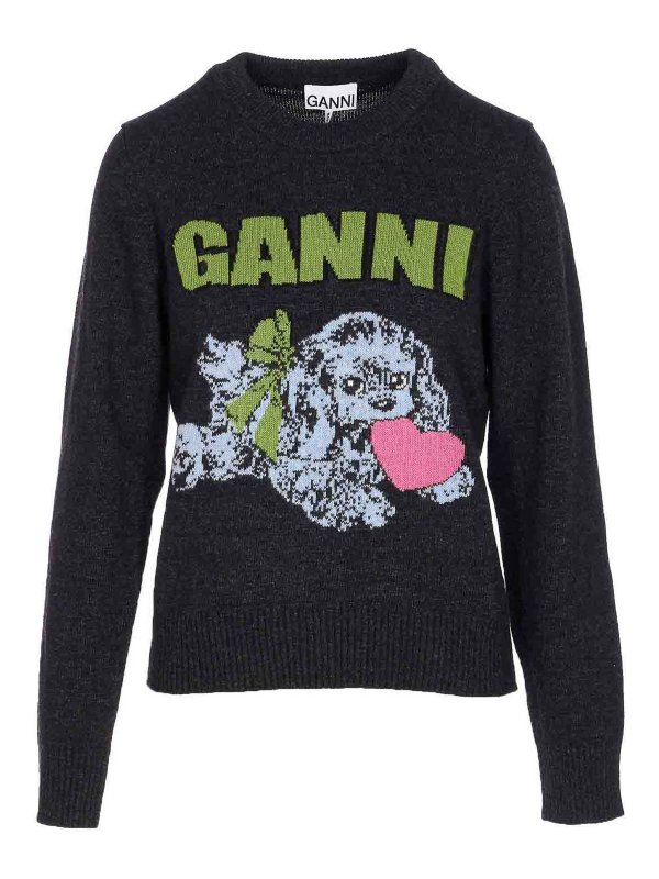 GANNI: crew necks - Mix Puppy Love Graphic Sweater