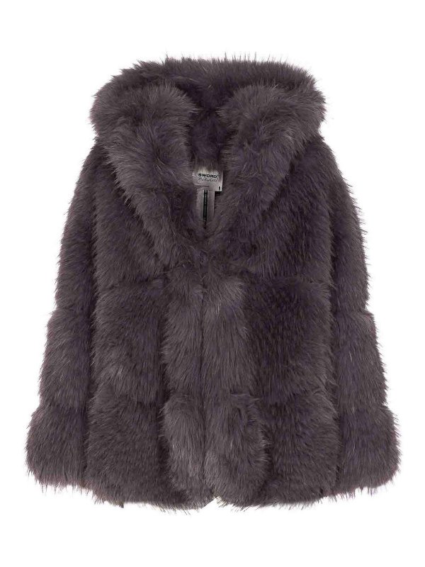 S.W.O.R.D 6.6.44: Fur & Shearling Coats - Grey Faux Fur Jacket Frontal Hook Closure