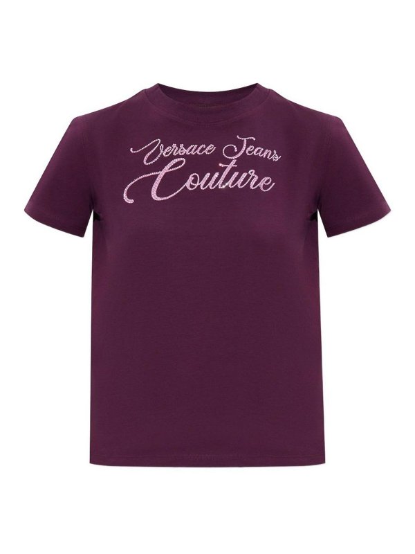 VERSACE JEANS: t-shirts - Logo Burgundy Stretch Cotton T-Shirt