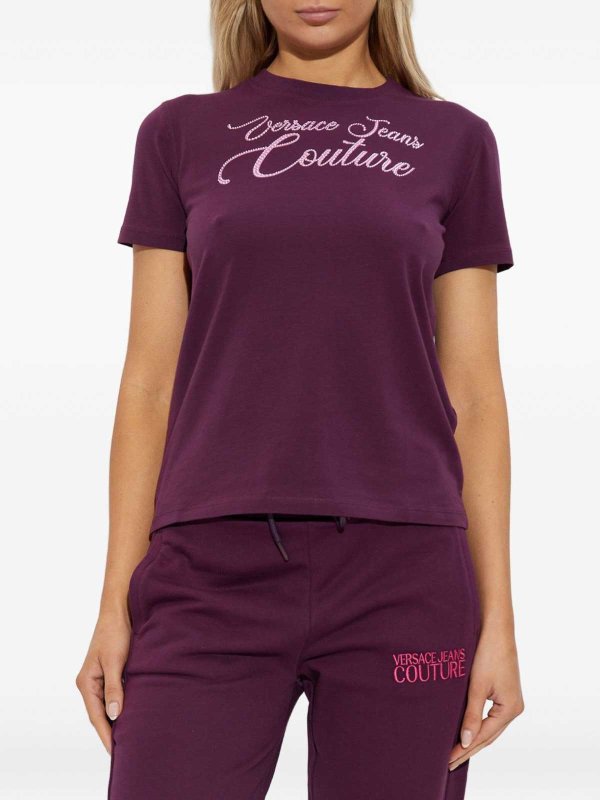VERSACE JEANS: t-shirts online - Logo Burgundy Stretch Cotton T-Shirt