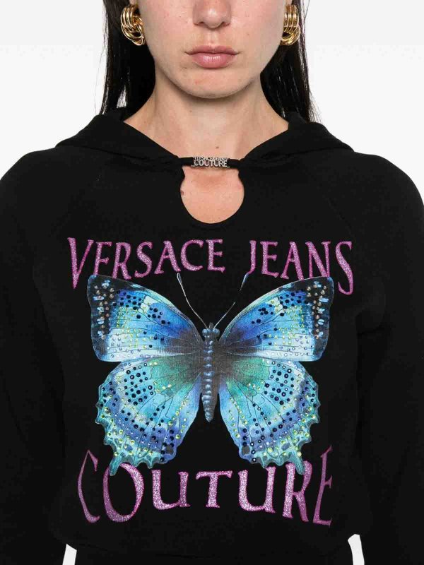 VERSACE JEANS: Sweatshirts & Sweaters online - Black Cotton Hoodie With Logo