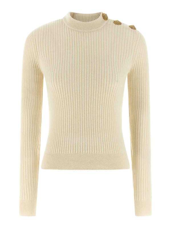 Balmain: Strickpullover mit Rundhalsausschnitt - Rundhalspullover - Weiß