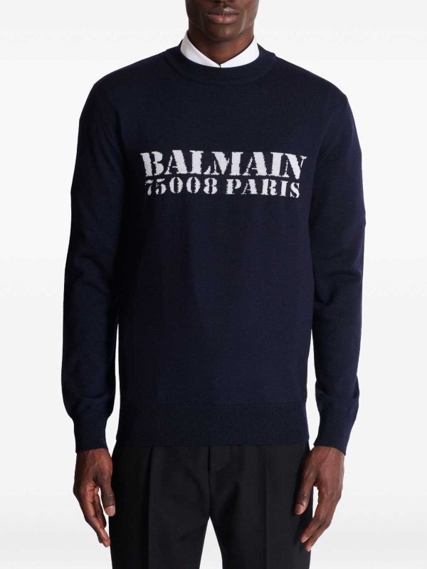 Balmain: Escotes barcos online - Suéter Con Escote Barco - Azul