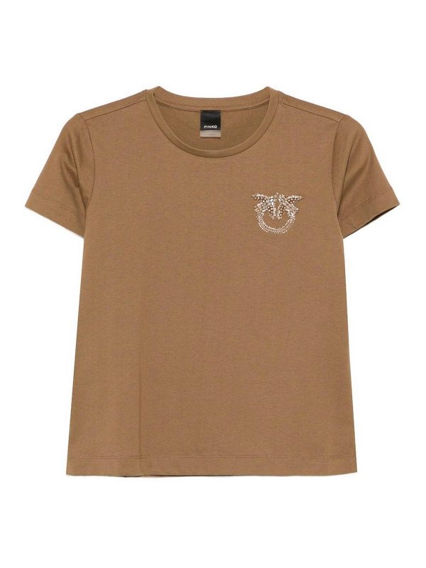Pinko: t-shirts - T-Shirt With Crystal-Embroidered Logo