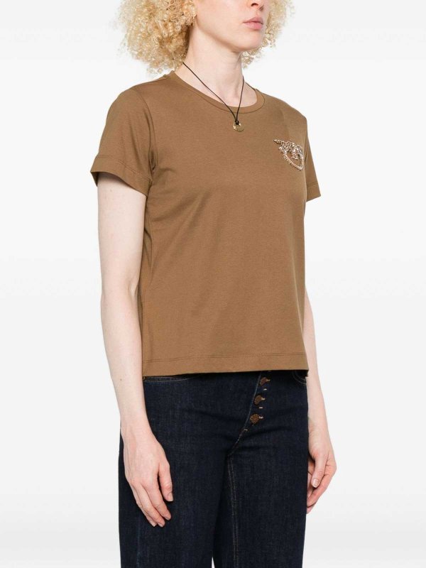 The Best Shops Pinko: t-shirts - T-Shirt With Crystal-Embroidered Logo