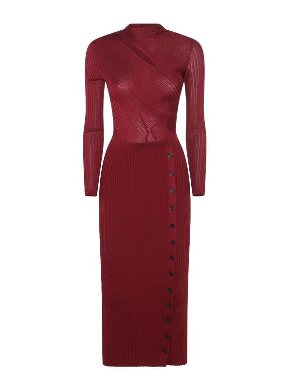 Self Portrait: knee length dresses - Burgundy Cut Out Tib Knit Midi Dress