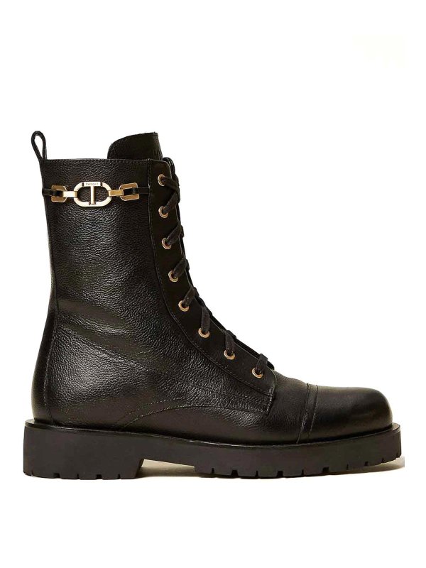TWINSET: boots - Leather Combat Boots With Chain And Oval T