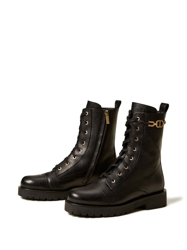 TWINSET: boots online - Leather Combat Boots With Chain And Oval T
