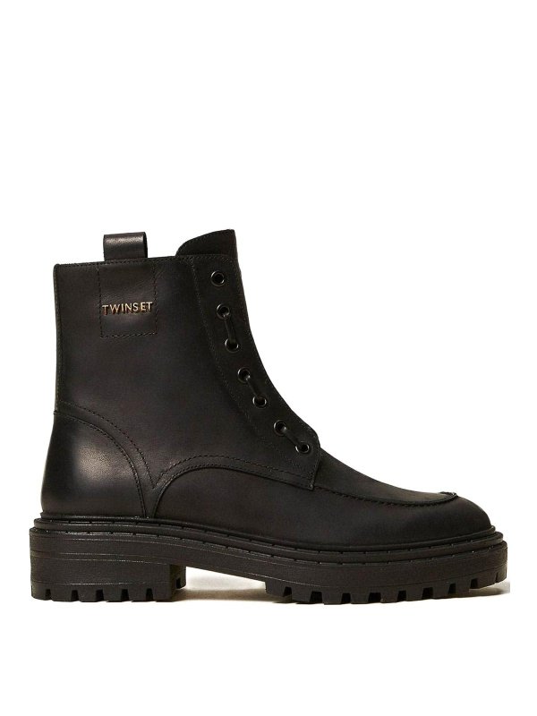TWINSET: boots - Leather Chunky Boots With Logo