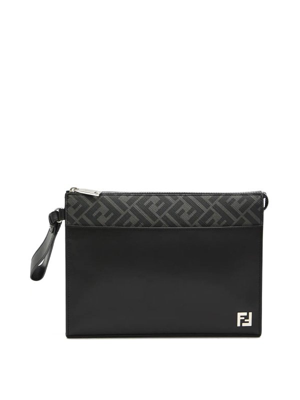 FENDI: clutches - Leather And Canvas Ff Squared Clutch