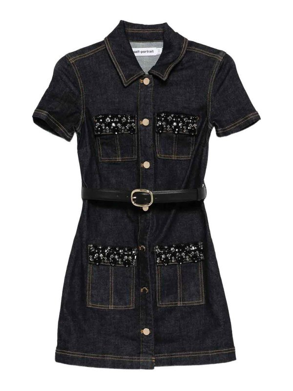 Self Portrait: short dresses - Denim Crystal Trim Mini Dress