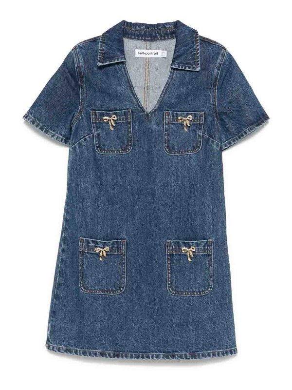 Self Portrait: short dresses - Denim Crystal Bow Mini Dress