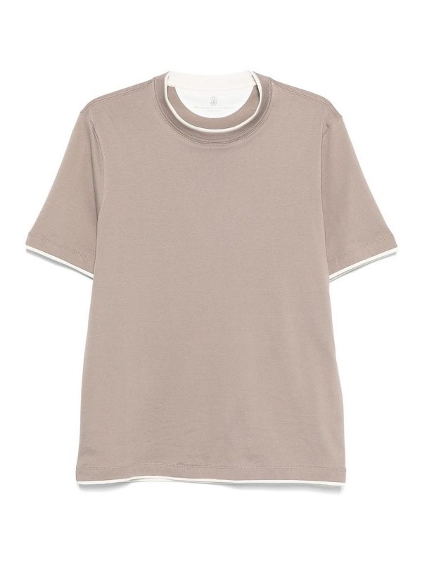 BRUNELLO CUCINELLI: t-shirts - Beige Cotton T-Shirt With Contrast Trims